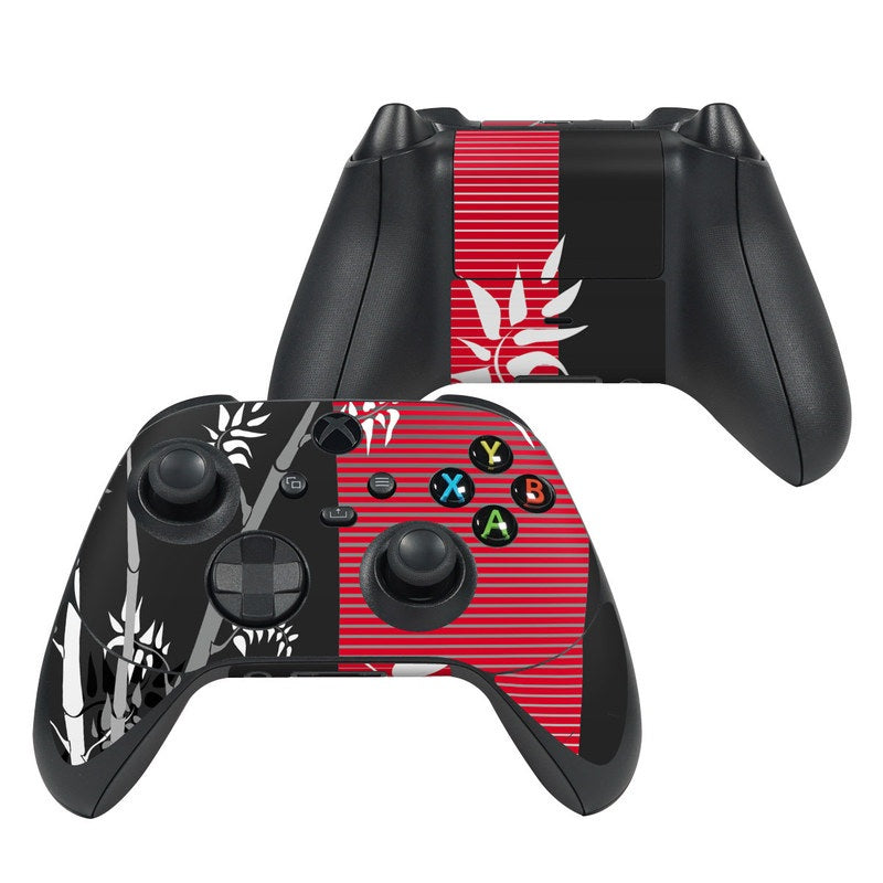 Xbox controller skin for Series X, red striped design with flame emblem and button icons