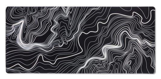 Black desk mat with white contour line topographic pattern and rounded edges