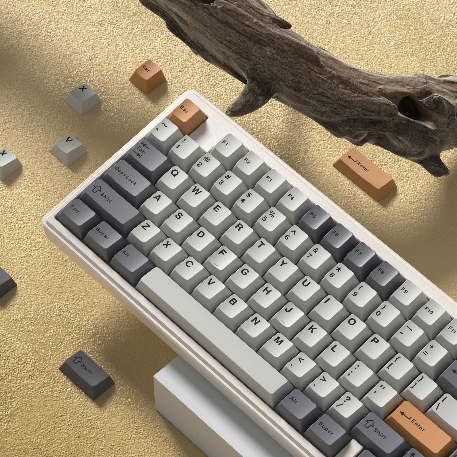 White and gray mechanical keyboard with keycaps and brown accent keys, 75% layout