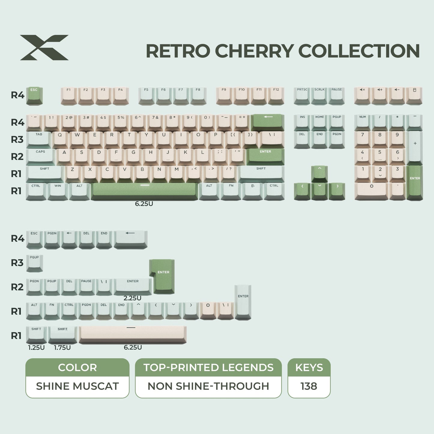 Shine Muscat double-shot PBT keycap set, beige and light green legends