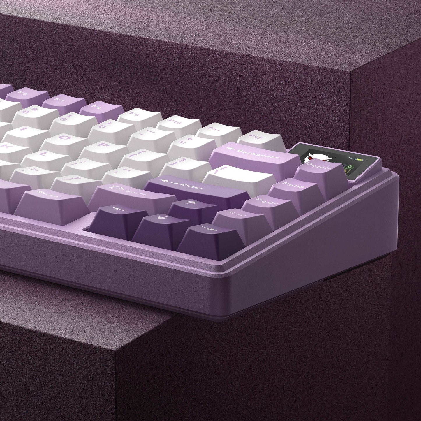 Purple mechanical keyboard close-up with layered keycaps and white legends