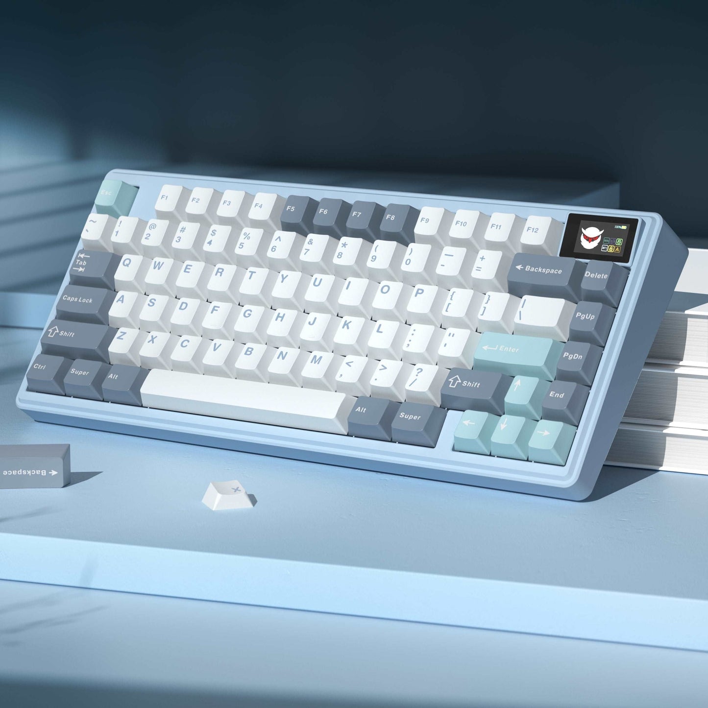 Light blue mechanical keyboard angled view with white keycaps and dark gray side keys