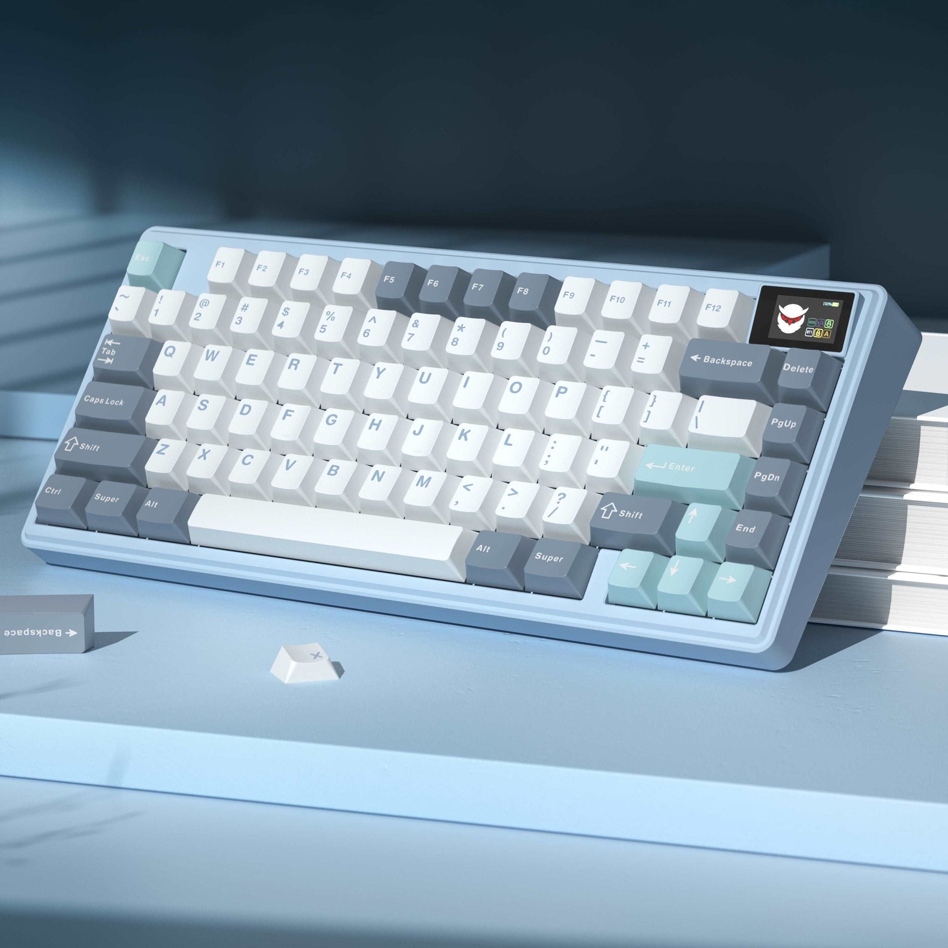 Light blue mechanical keyboard angled view with white keycaps and dark gray side keys