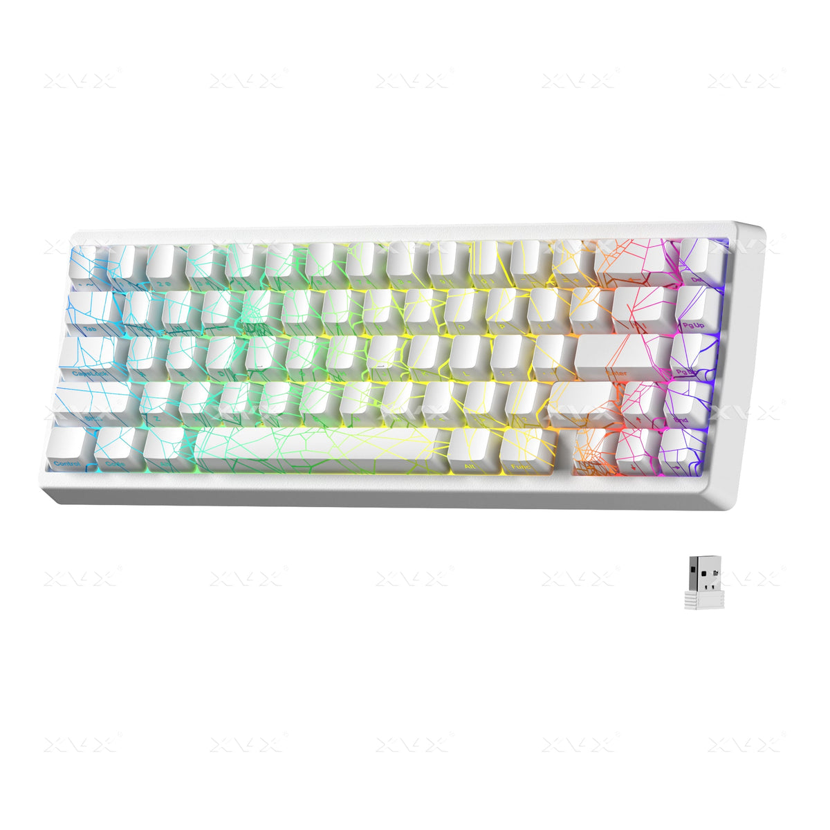 White 67-key mechanical keyboard with colorful RGB spider-web key lighting