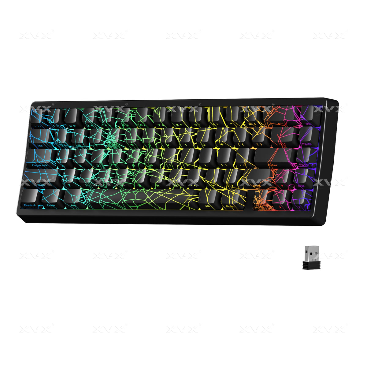 Black 67-key mechanical keyboard with colorful RGB spider-web key lighting