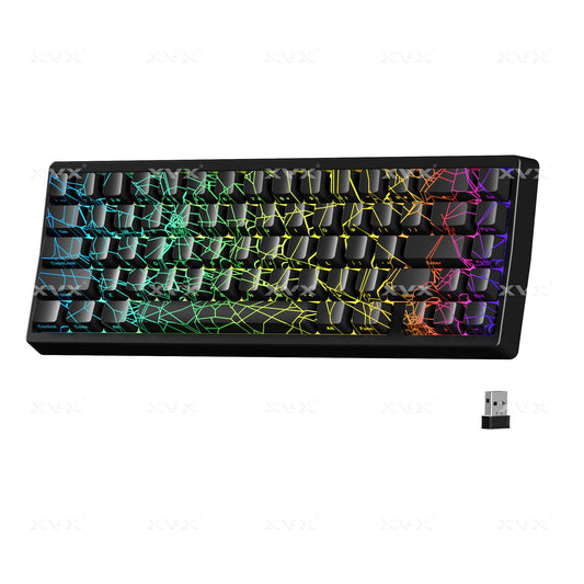Black 67-key mechanical keyboard with colorful RGB spider-web key lighting