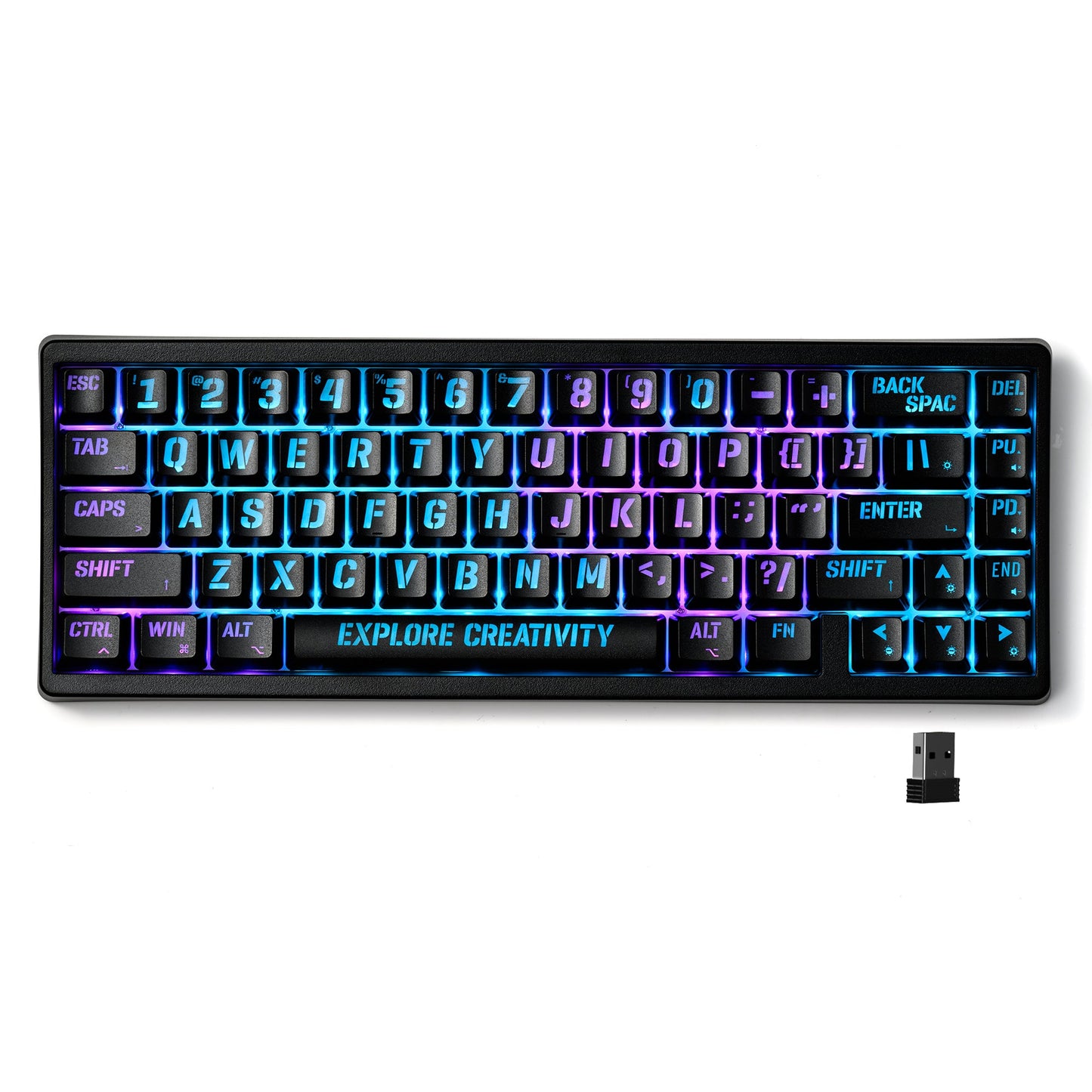 Black mechanical keyboard with RGB backlit keys and visible ESC through ENTER cluster