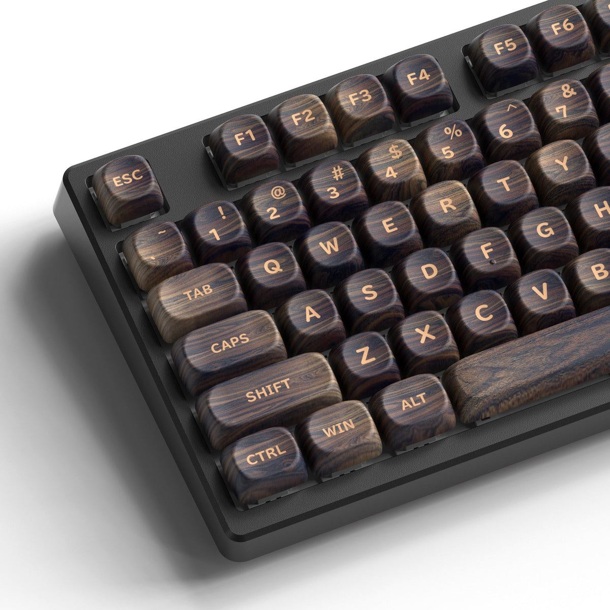 MOA profile keycaps in wood-grain pattern on a compact keyboard, showing letter and F-keys