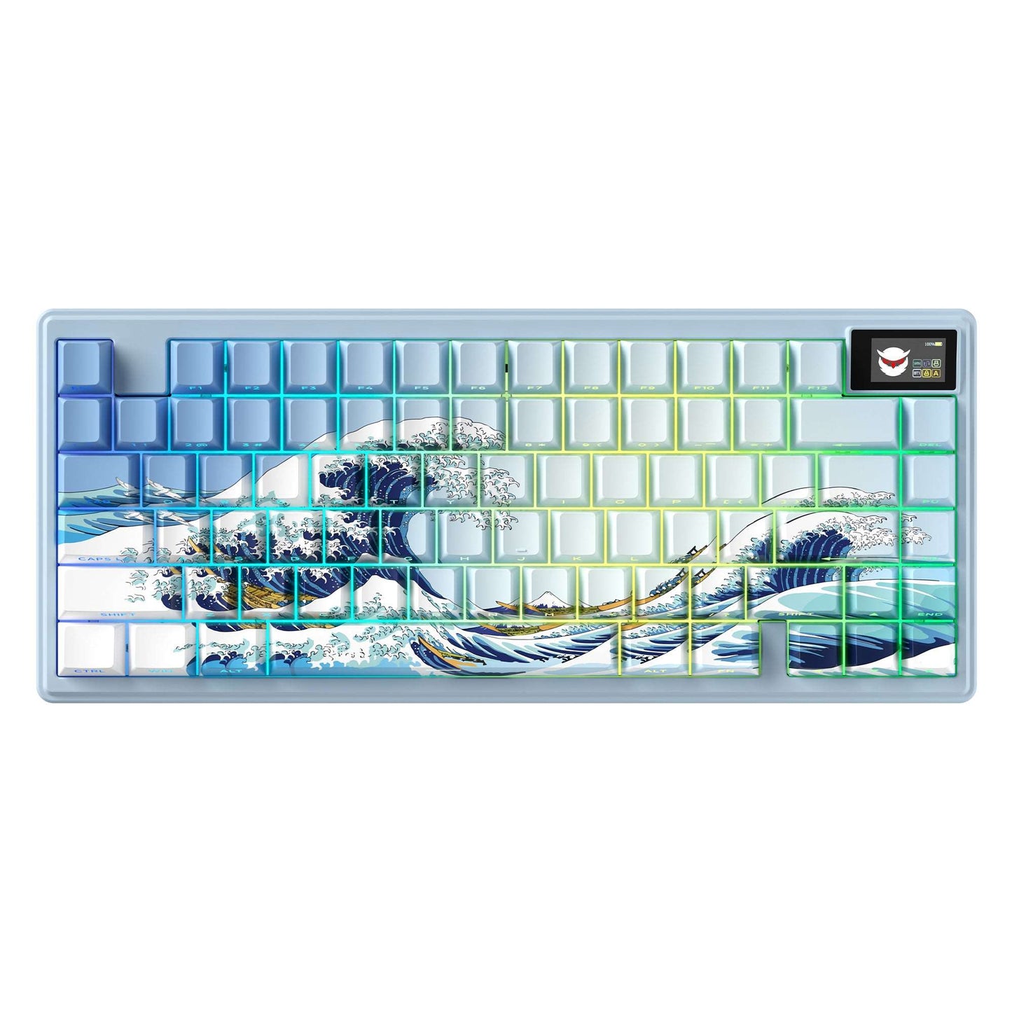 Ukiyo-e themed mechanical keyboard with wave artwork keycaps in blue and green