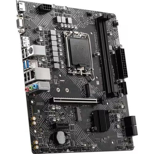 Desktop motherboard top view, black PCB with CPU socket and multiple memory slots.