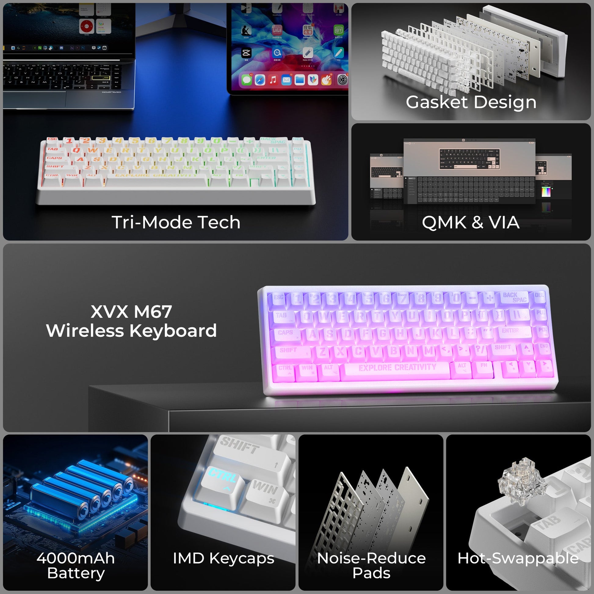 White RGB mechanical keyboard with bright pink-purple backlighting and keycaps