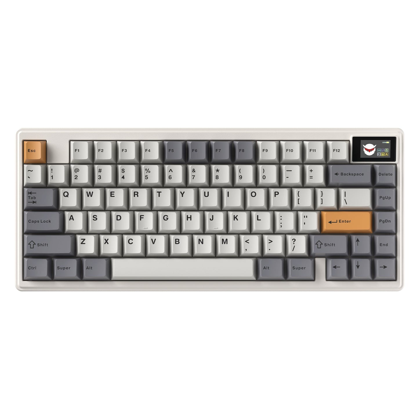 Greige mechanical keyboard with white keycaps and warm orange accents, 75% layout