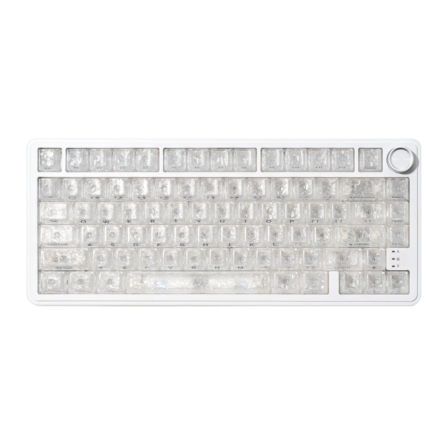 Mechanical keyboard with white topographic keycaps and rotary knob, unlit
