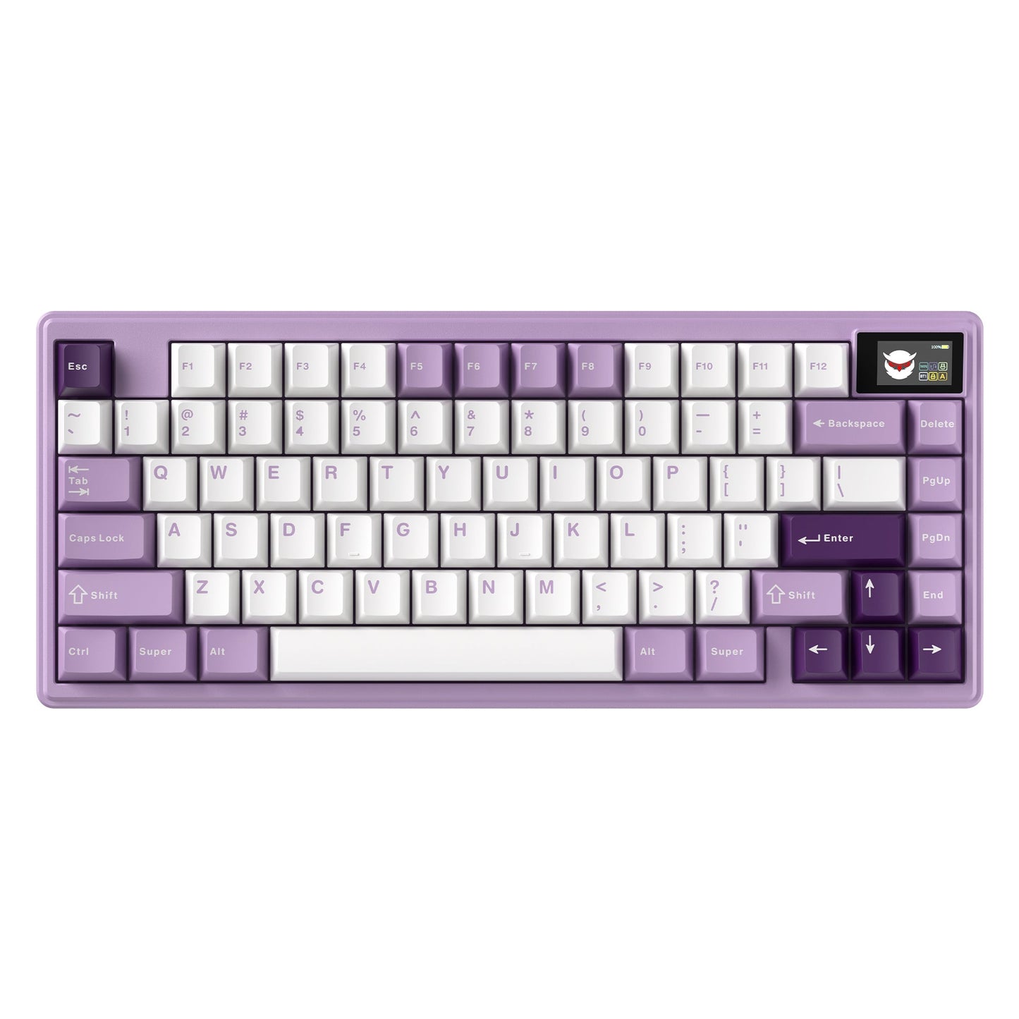 Mauve mechanical keyboard with white keycaps and purple accents, 75% layout