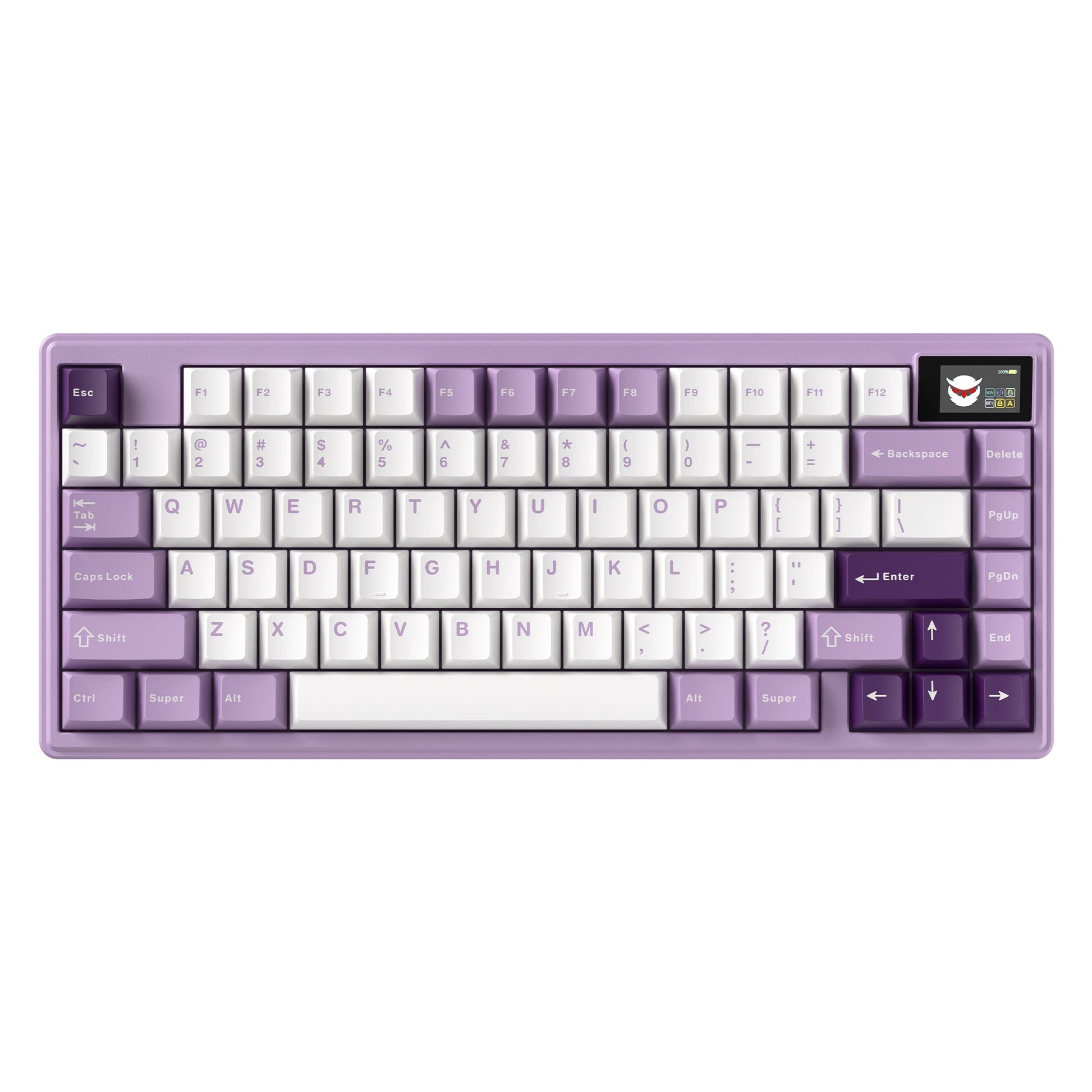 Mauve mechanical keyboard with white keycaps and purple accents, 75% layout