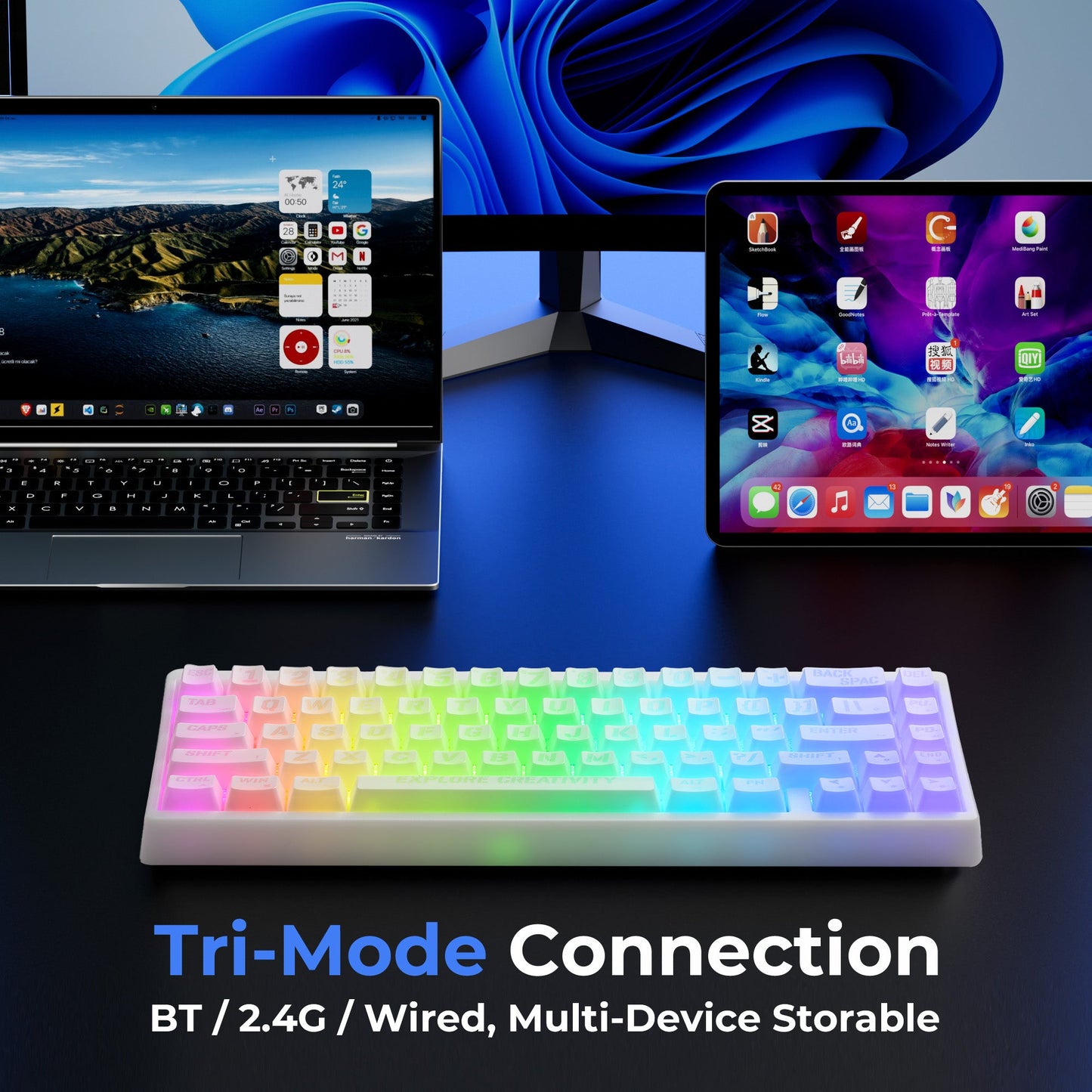 White mechanical keyboard with RGB backlight on keys, shown on a desk setup