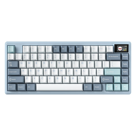 Powder blue mechanical keyboard with white keycaps and light blue accents, 75% layout