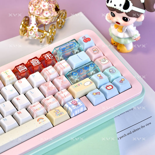 Cherry-themed keycap set on a pink and mint keyboard base, mix of patterned and solid keys