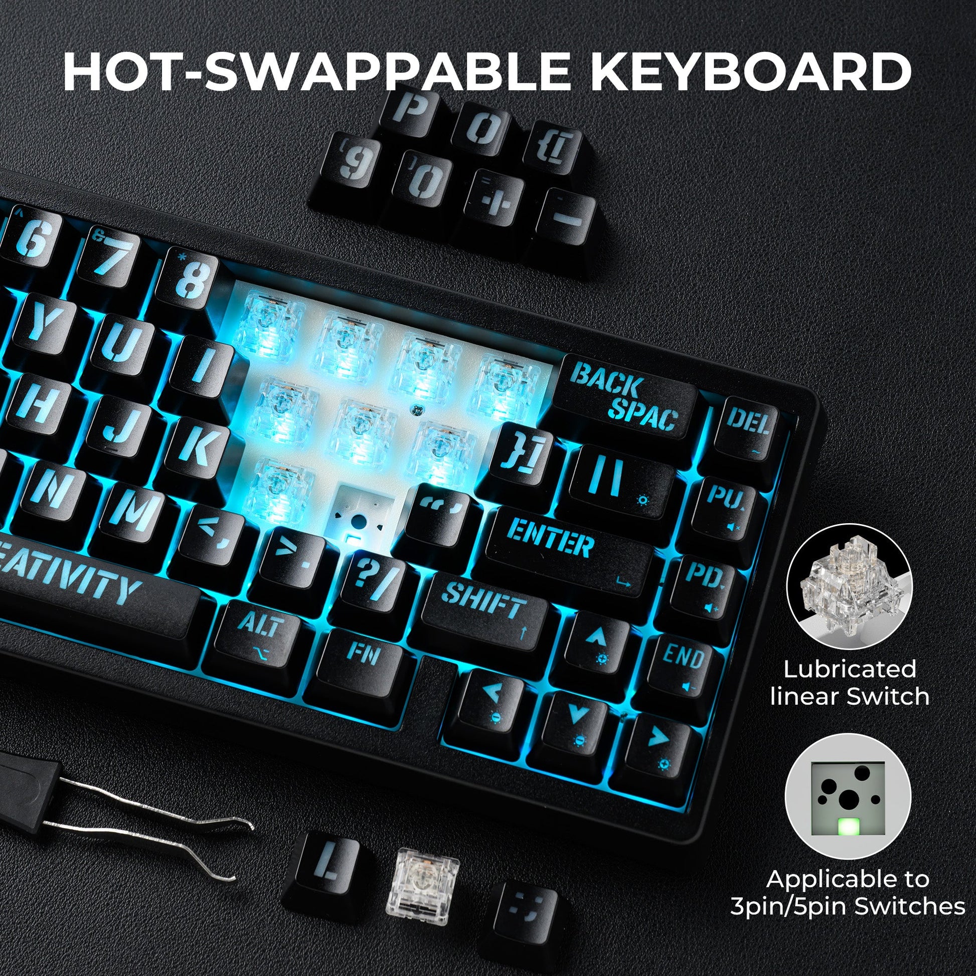 Close-up of black mechanical keyboard with blue RGB backlit keys and labeled key row