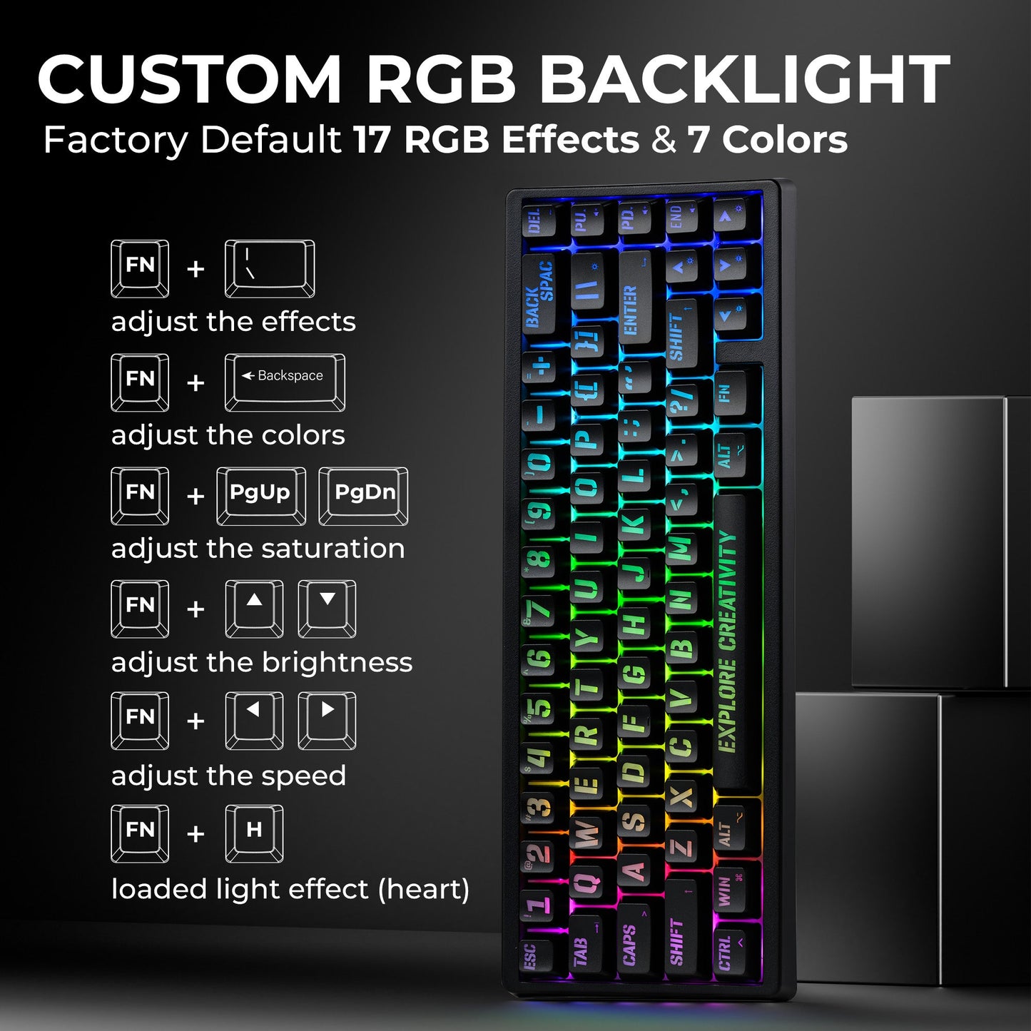 RGB mechanical keyboard showing multi-color backlighting on the key grid