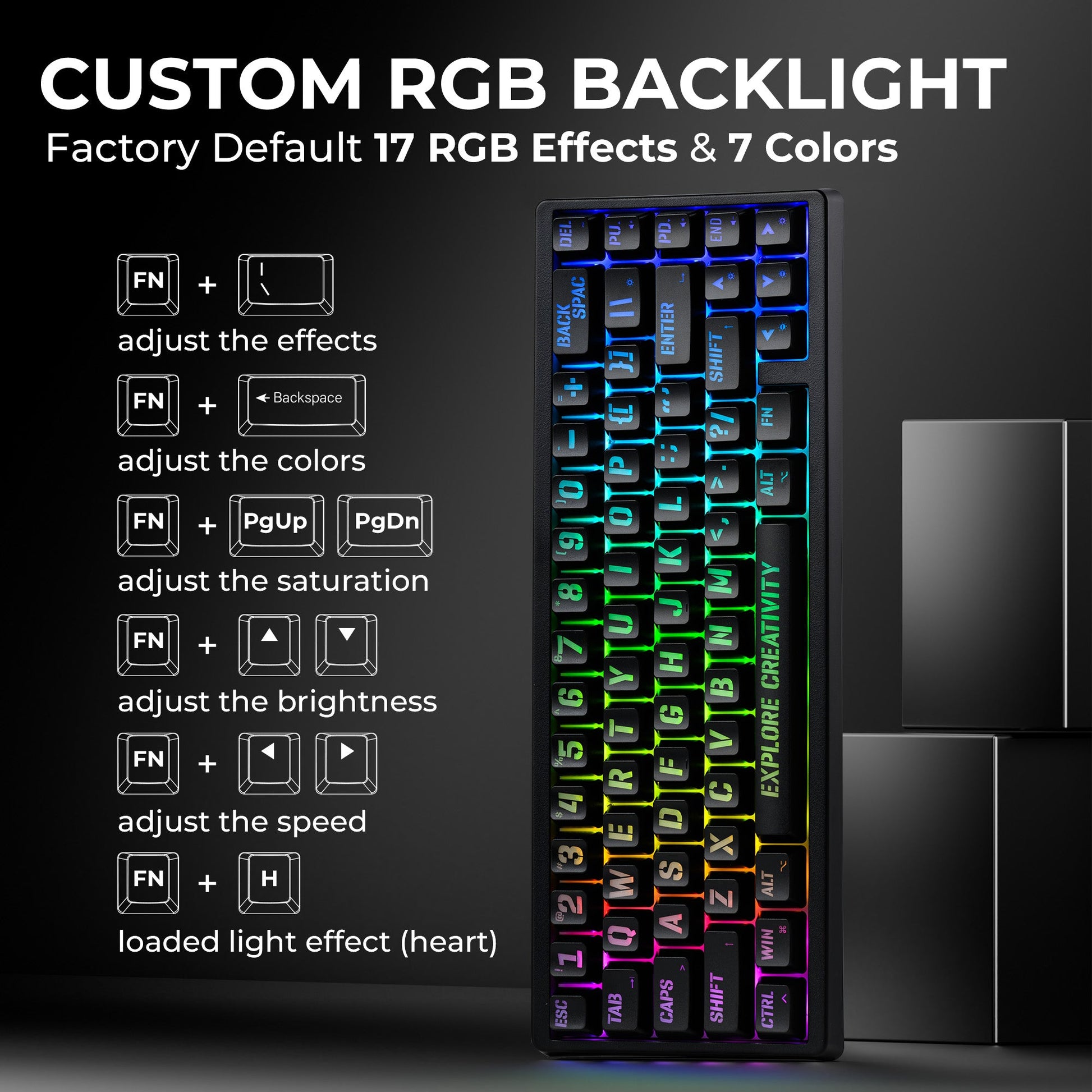 RGB mechanical keyboard showing multi-color backlighting on the key grid