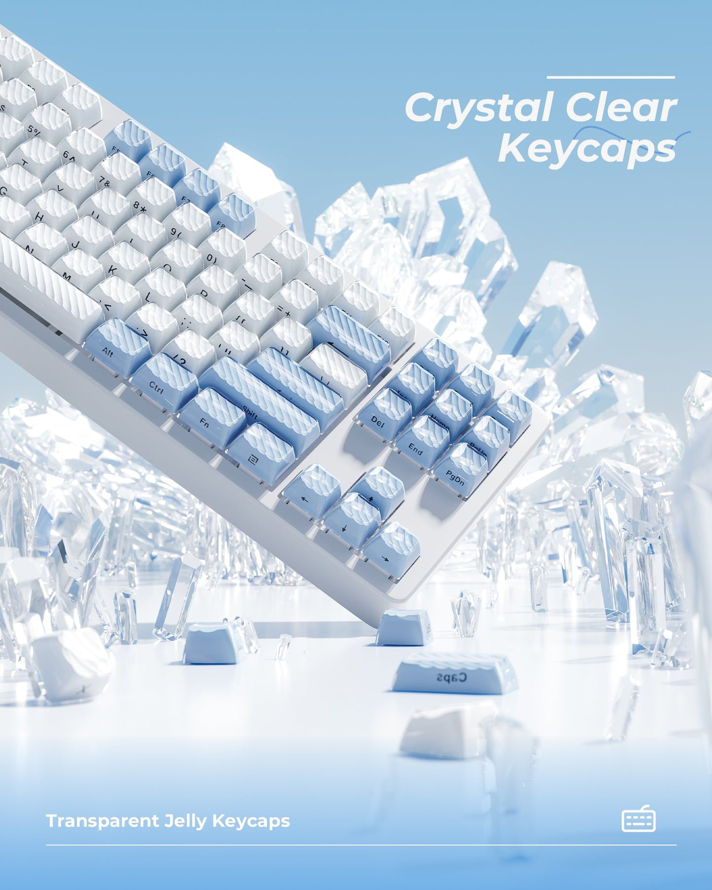 Crystal clear transparent jelly-style keycaps in white and light blue