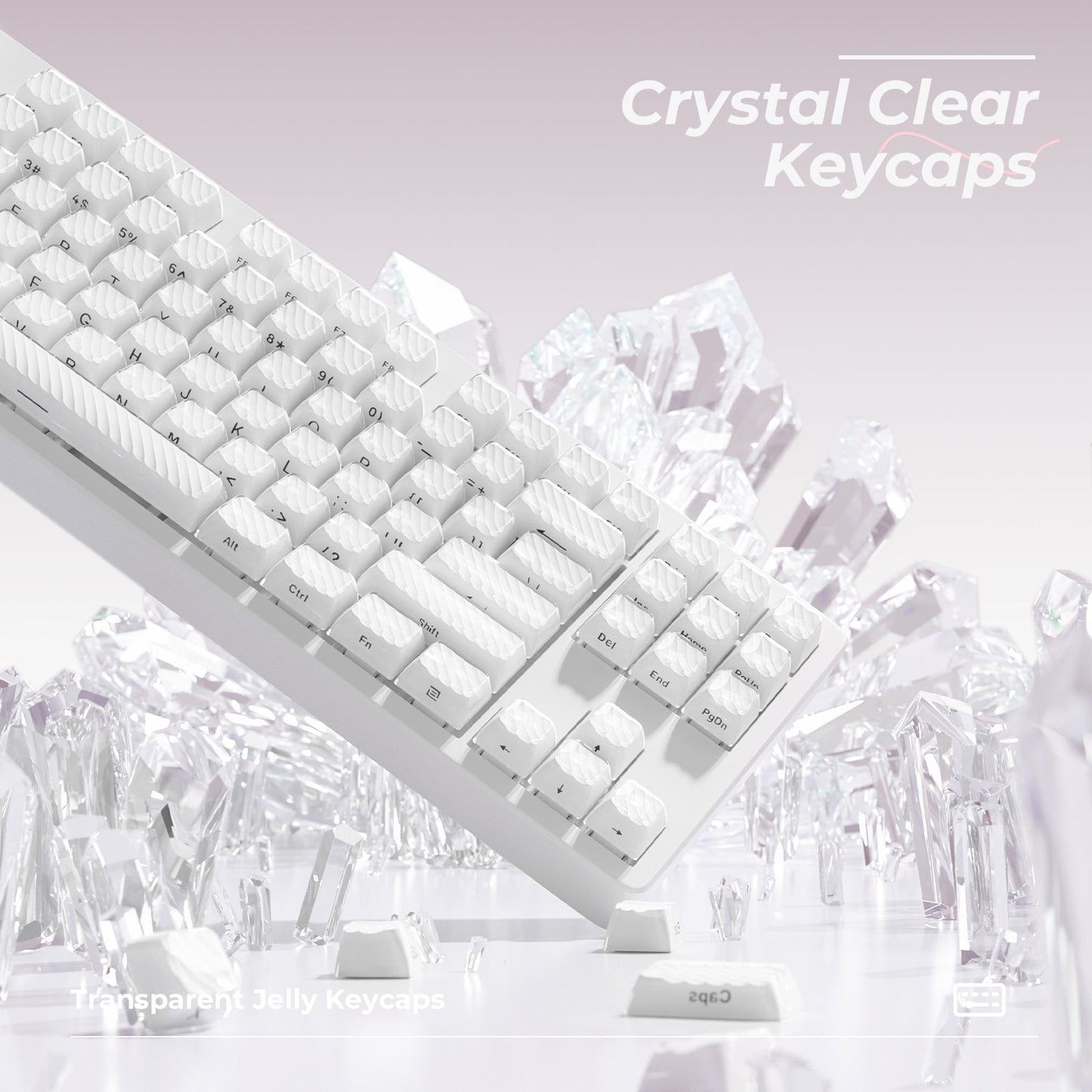 Crystal clear transparent jelly-style keycaps in white with sculpted key rows