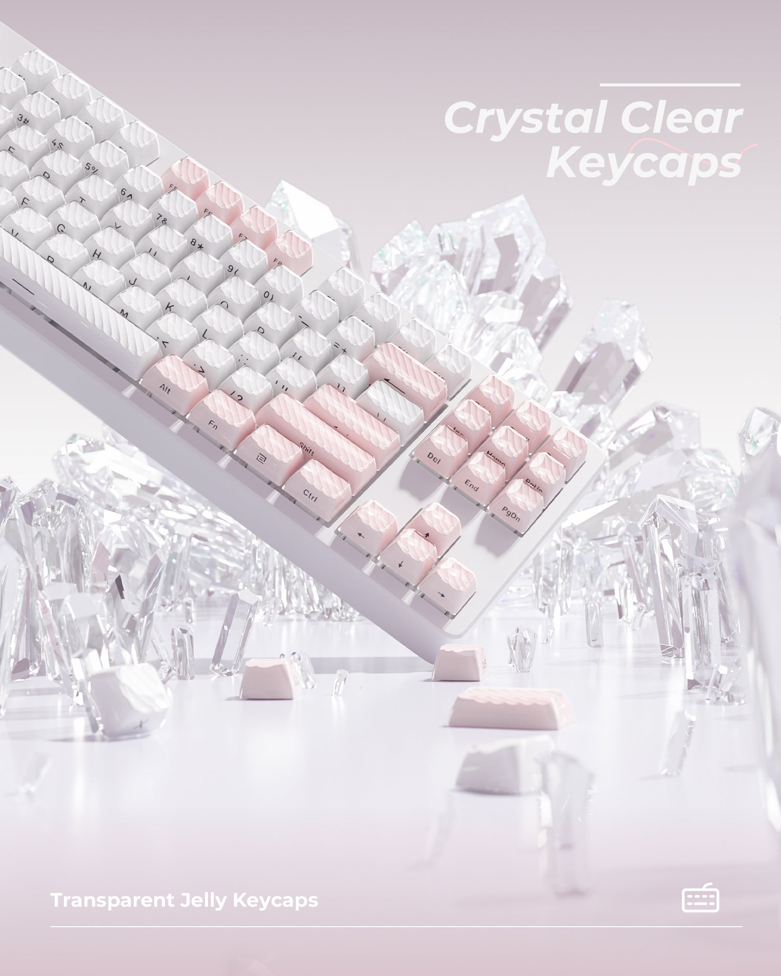 Crystal clear transparent jelly-style keycaps in white and pale pink