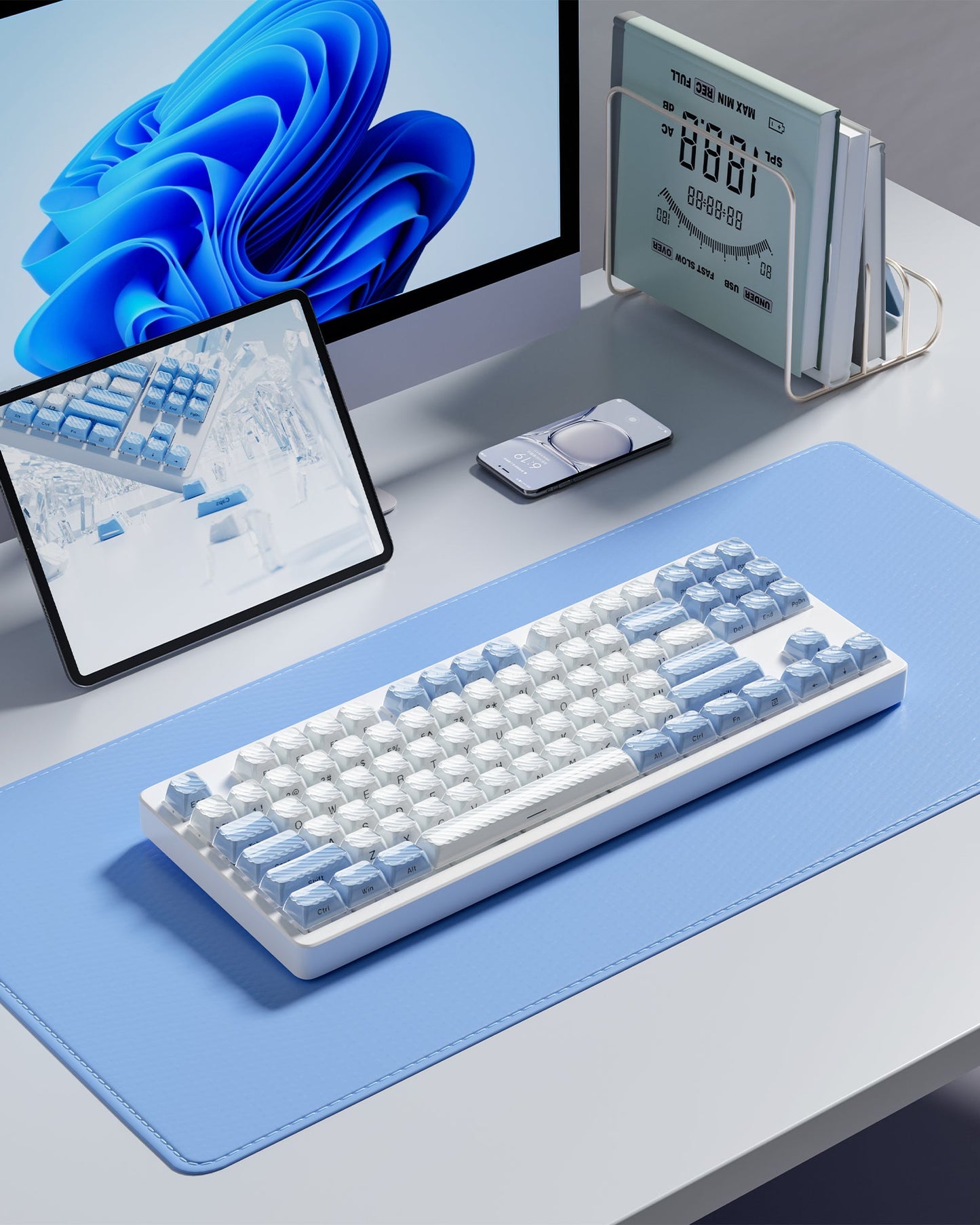 Blue OEM profile keycap set with transparent tops on a flat keyboard layout