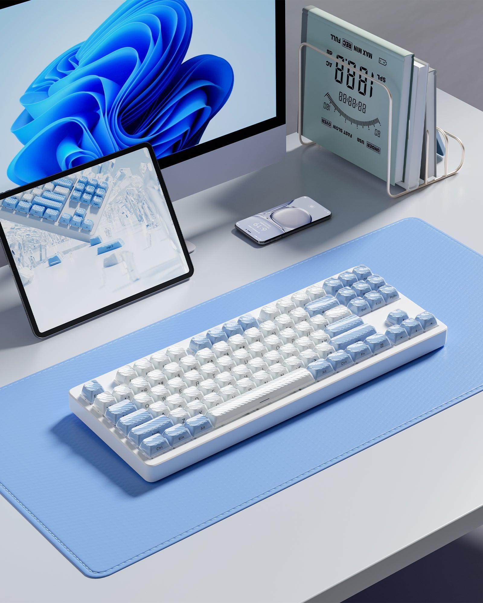 Blue OEM profile keycap set with transparent tops on a flat keyboard layout
