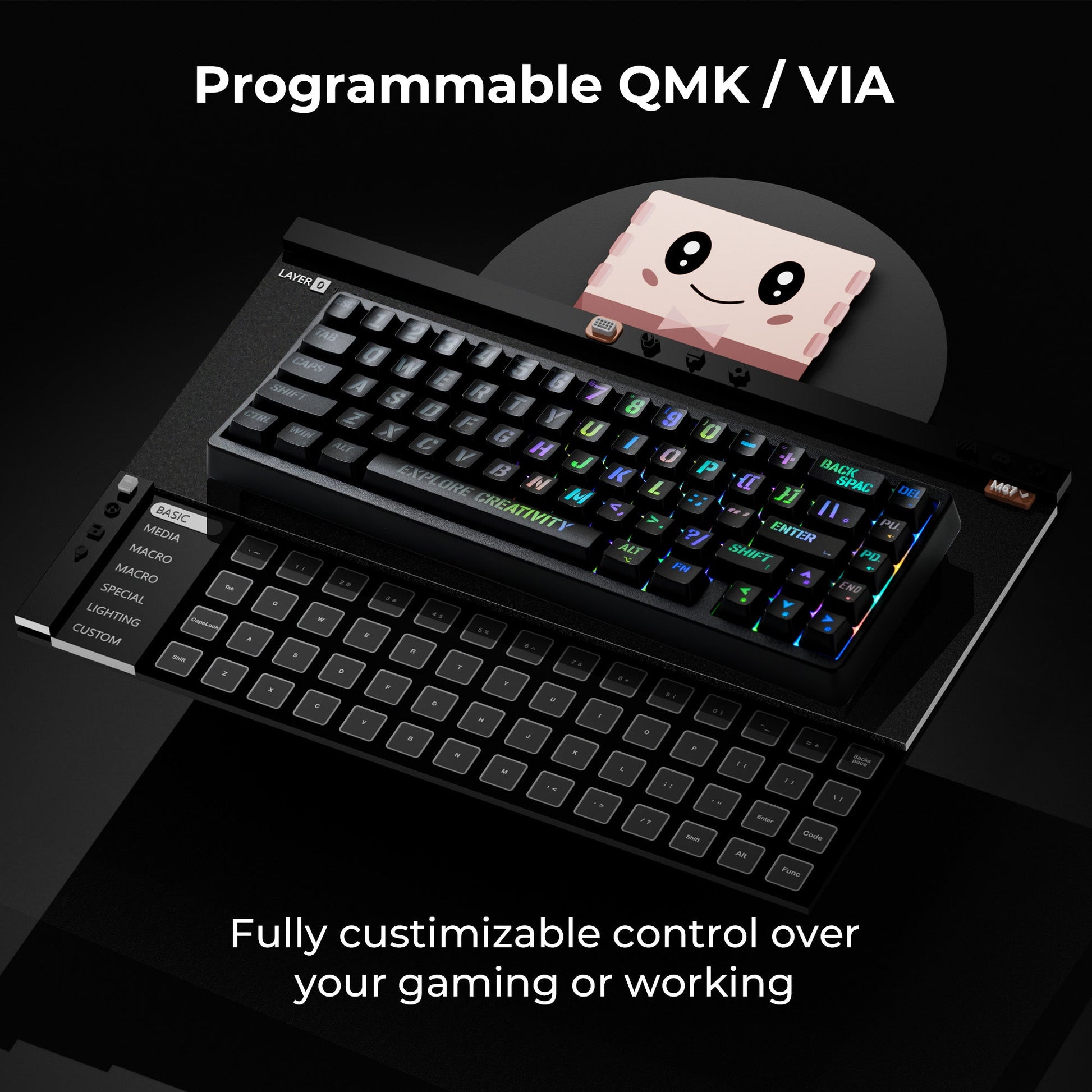 Black mechanical keyboard with RGB backlit keys, angled view for full key layout