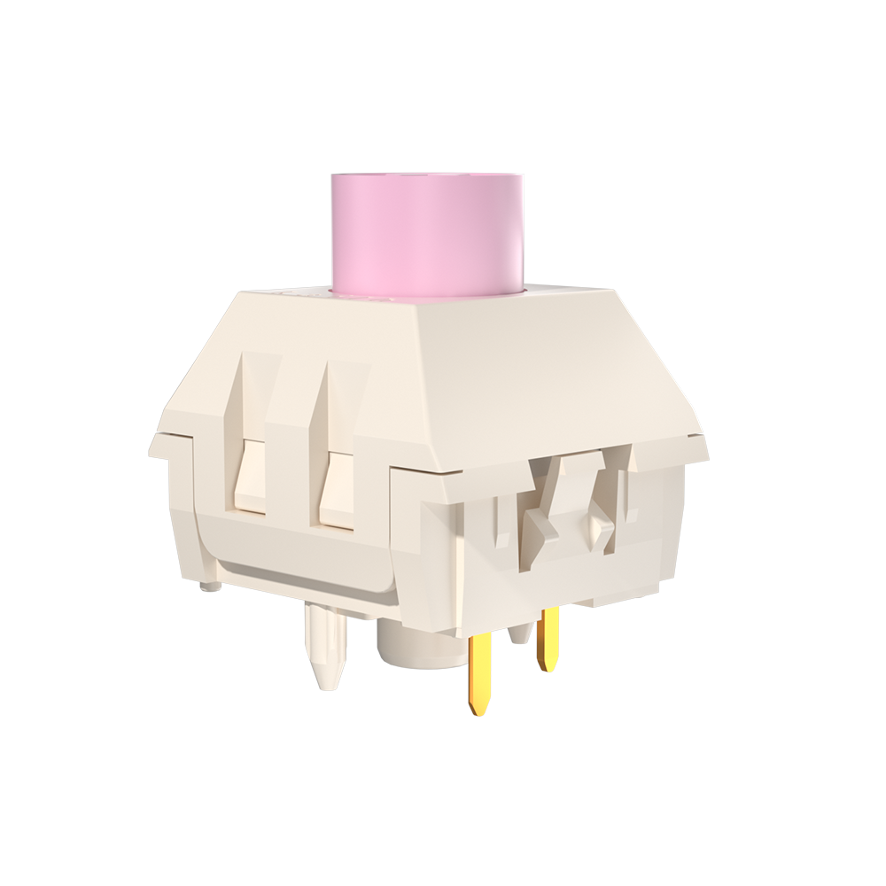 Kailh box mechanical switch front view, pale housing with pink stem and gold pins