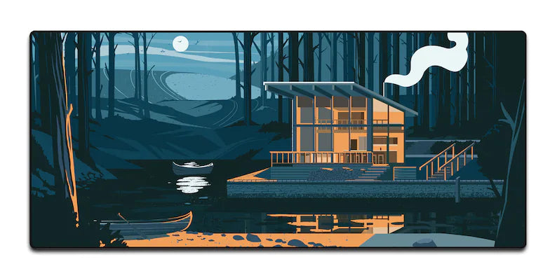 Rectangular desk mat with cabin mural artwork and white puzzle-like cutout