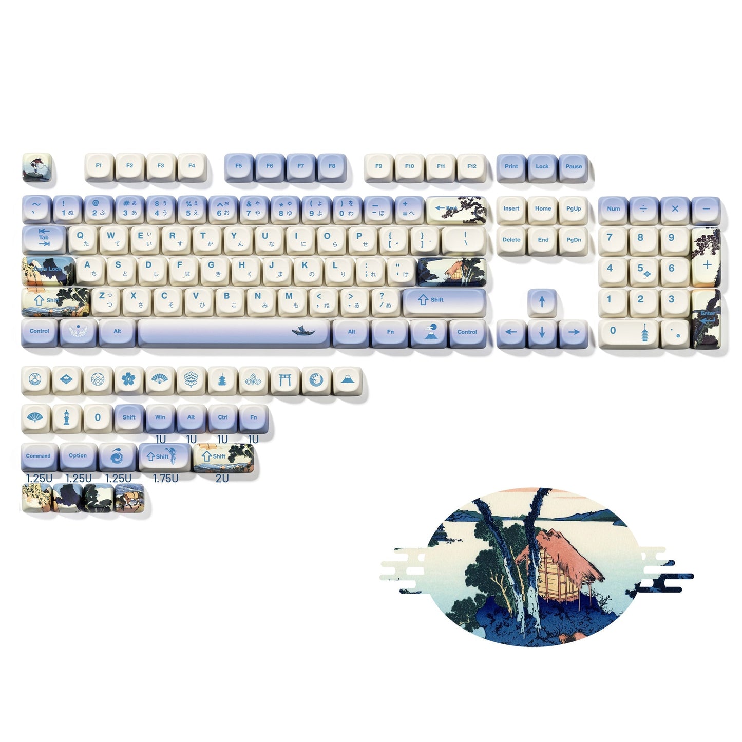 MOA-profile keycap set on white background, mixed white and blue scenic designs