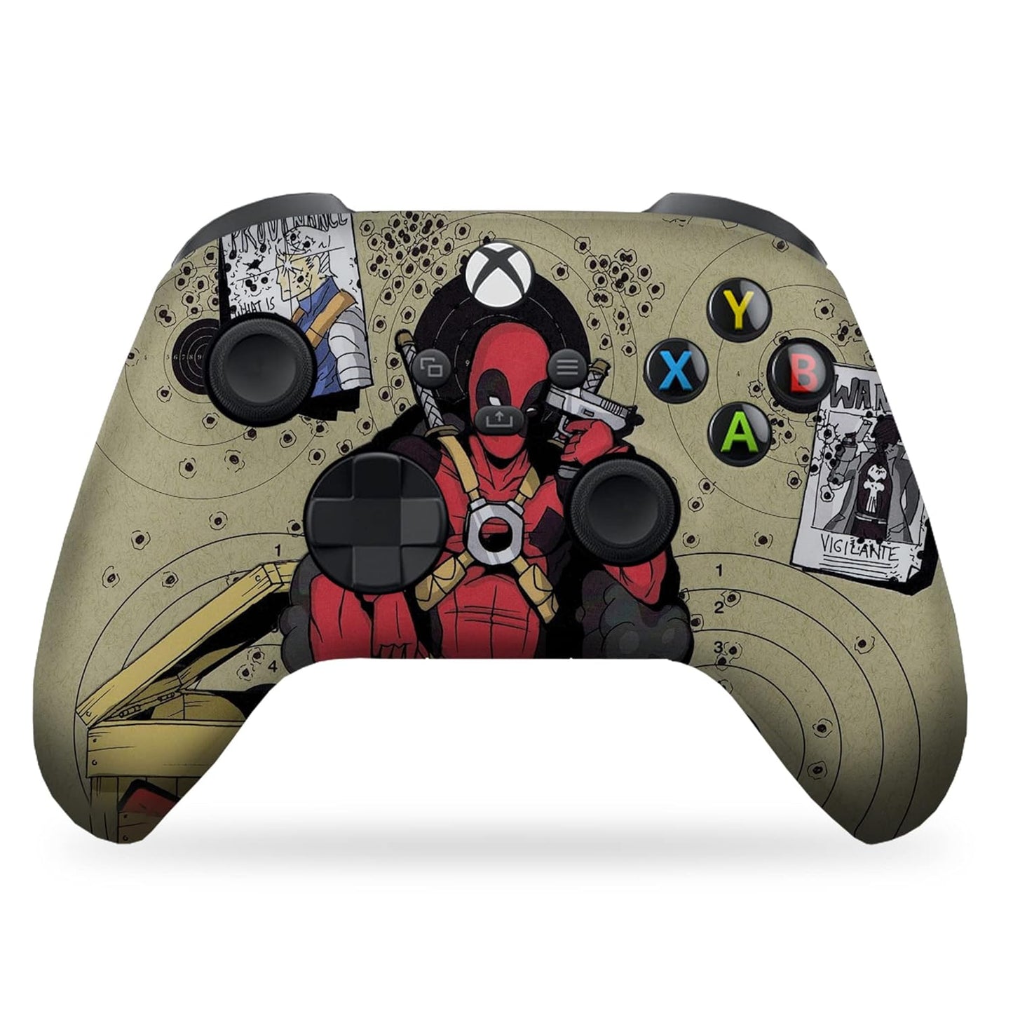 Beige wireless Xbox controller with Deadpool comic artwork and colored face buttons