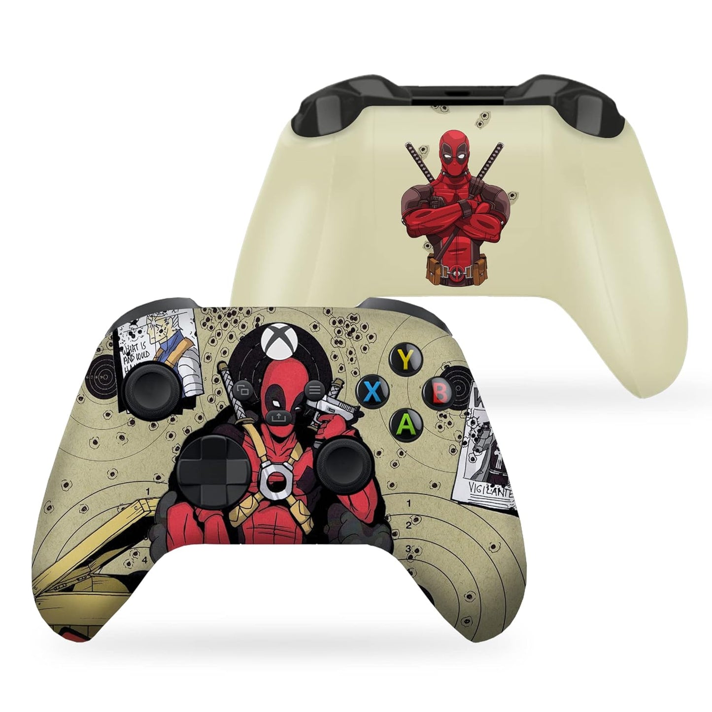 Beige wireless Xbox controller with Deadpool comic headshot print on front panel