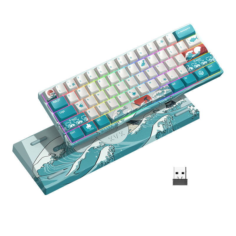 61-key mechanical keyboard with wave-pattern keycaps on a coral sea themed frame