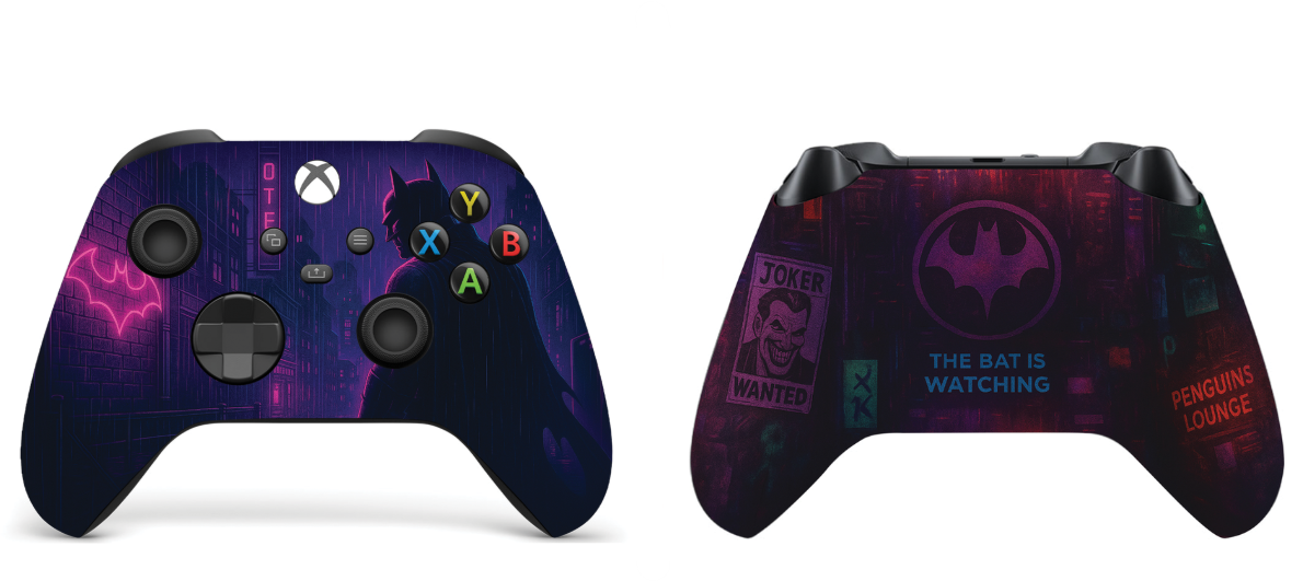 Xbox Series X/S controller front and back with neon noir Batman artwork