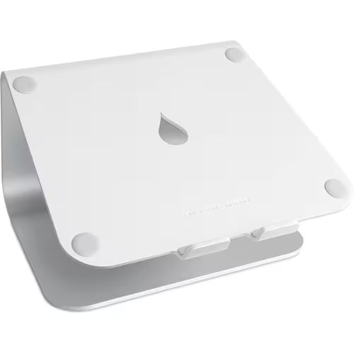 White laptop stand with angled cradle and cutout, close-up