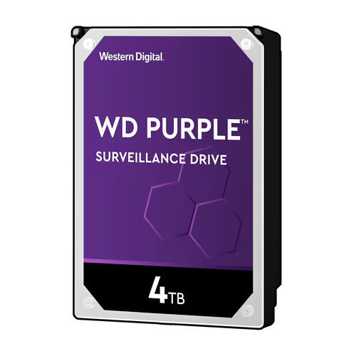 Purple WD Purple surveillance hard drive with 4TB label on the front