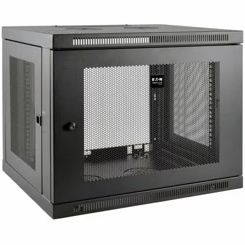 9U server rack cabinet with vented mesh doors and front lock handle, front view