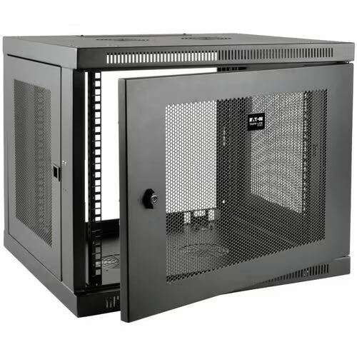 9U server rack cabinet with front door open, vented mesh panels and locking handle