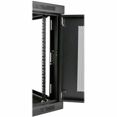 9U server rack cabinet side door open, showing mounting rails and vented panel