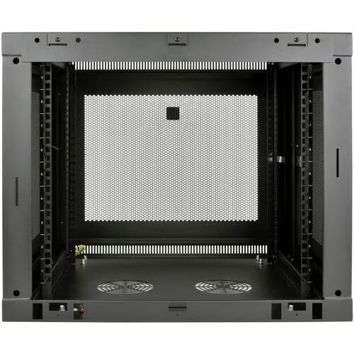 9U server rack cabinet interior with vertical mounting rails and vented side panels