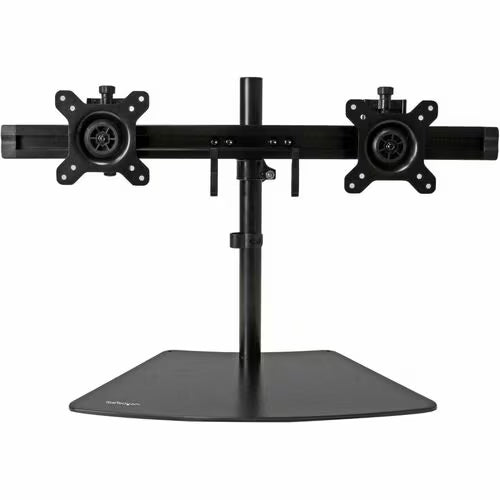 Horizontal dual monitor stand with central column, black base and two VESA mounts