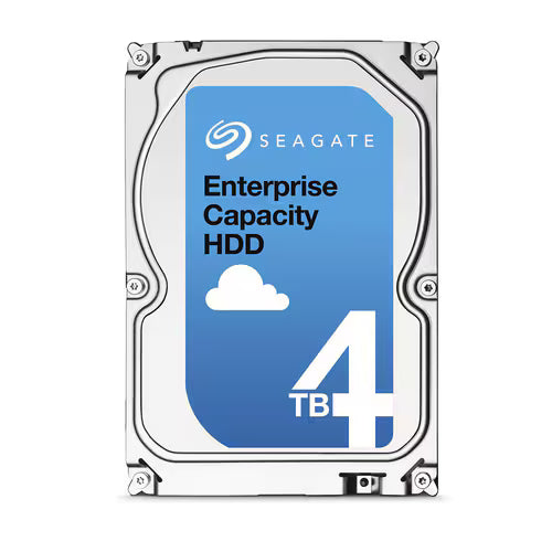 Seagate Enterprise Capacity HDD hard drive with blue label on metal casing, top view