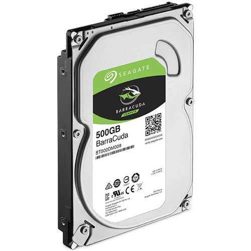 Seagate BarraCuda 3.5-inch desktop hard drive, 500GB, silver front with black sides