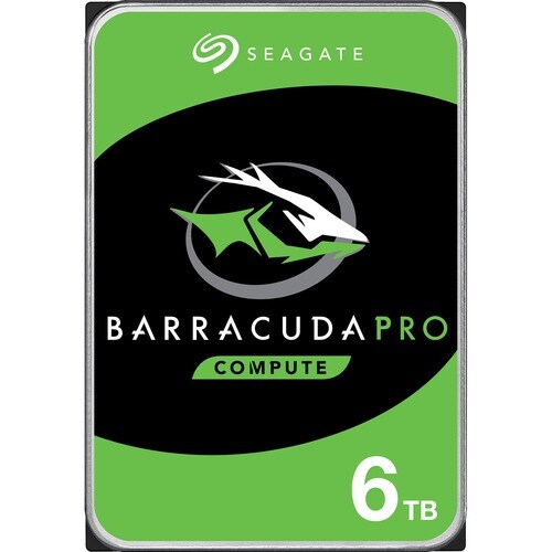 Seagate BarraCuda Pro 6TB desktop hard drive, close front view with green label