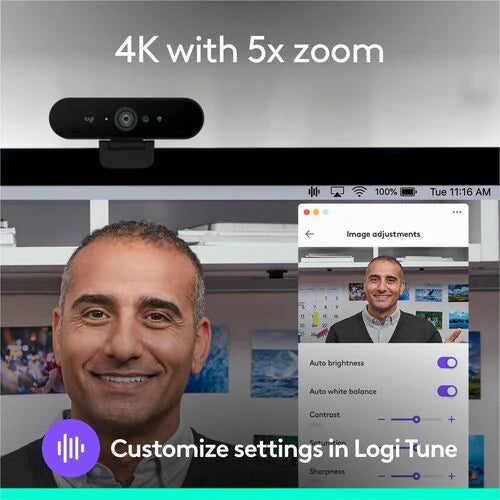 4K webcam on top of a monitor with settings controls on screen