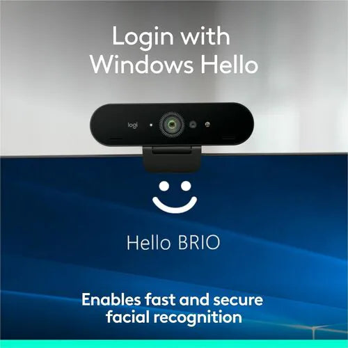 4K webcam mounted on a computer screen, Windows-style login prompt background